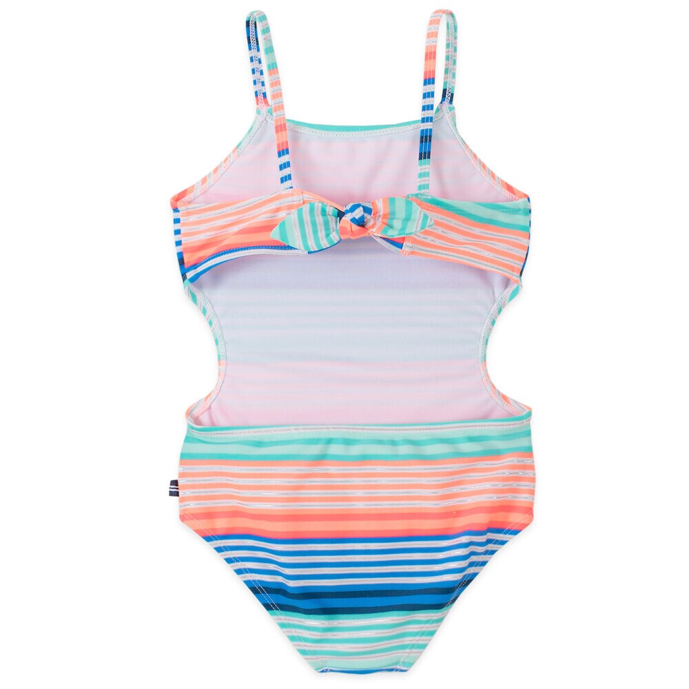 TODDLER GIRLS' STRIPED TIE-BACK ONE-PIECE SWIM (2T-4T),Neon Orange,large