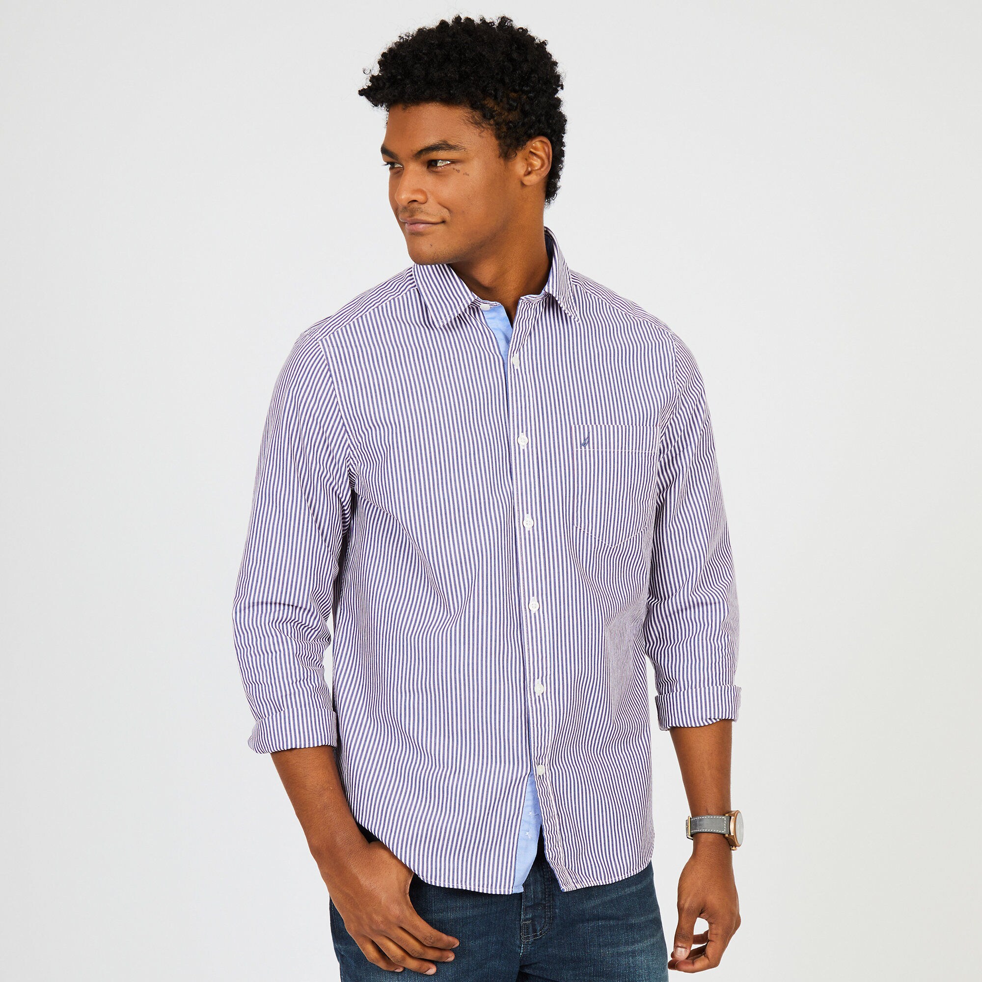 Classic Fit Bengal Striped Long Sleeve Button-Down Shirt,Blue Depths,large