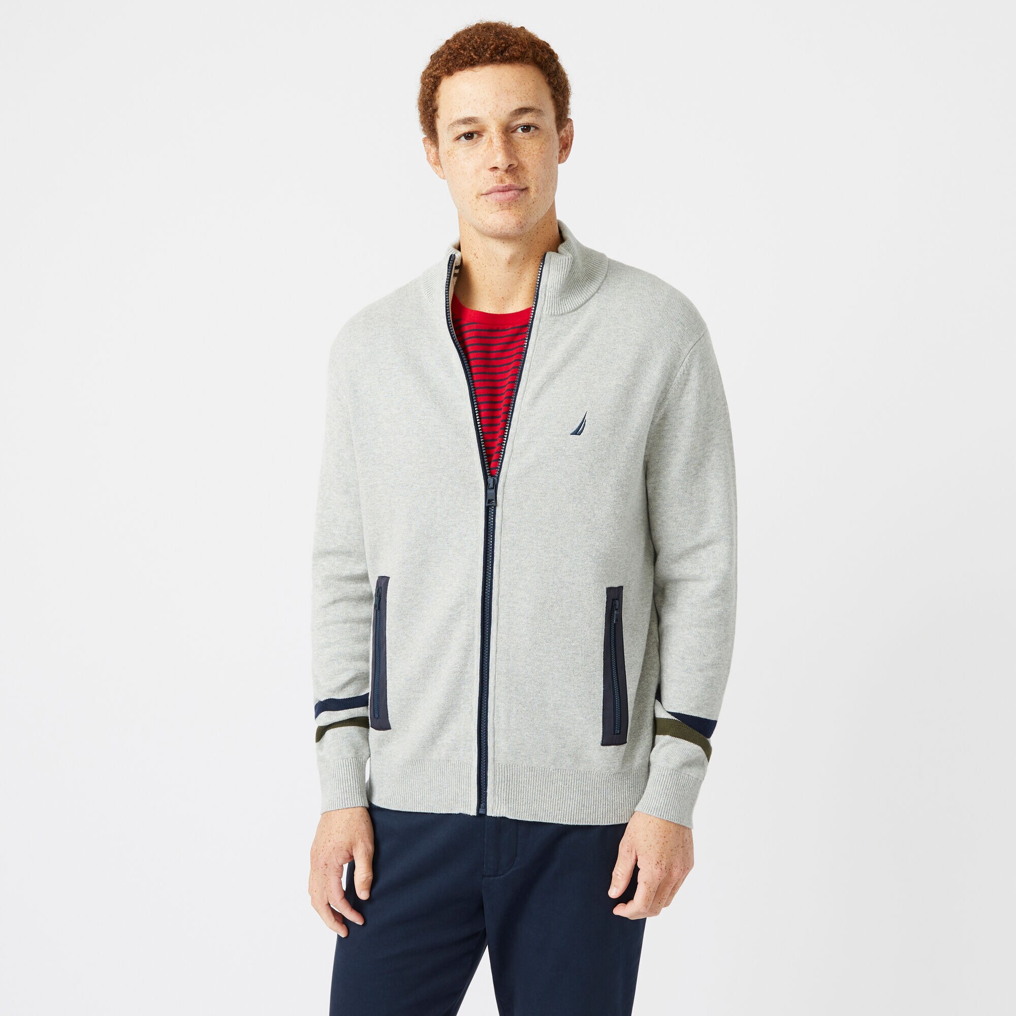 STRIPE-SLEEVE FULL-ZIP SWEATER,Grey Heather,large