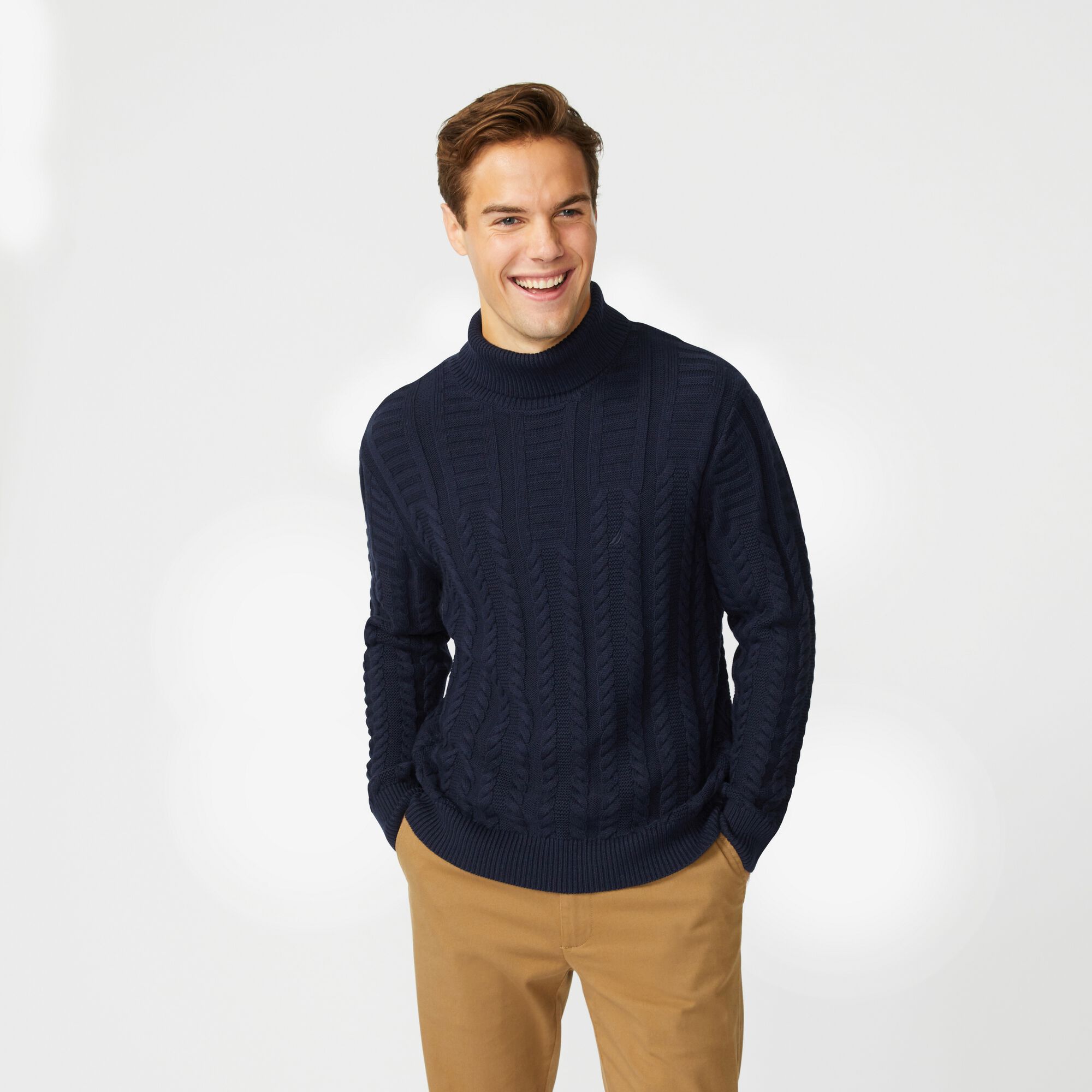 CABLE-KNIT TURTLENECK SWEATER,Navy,large