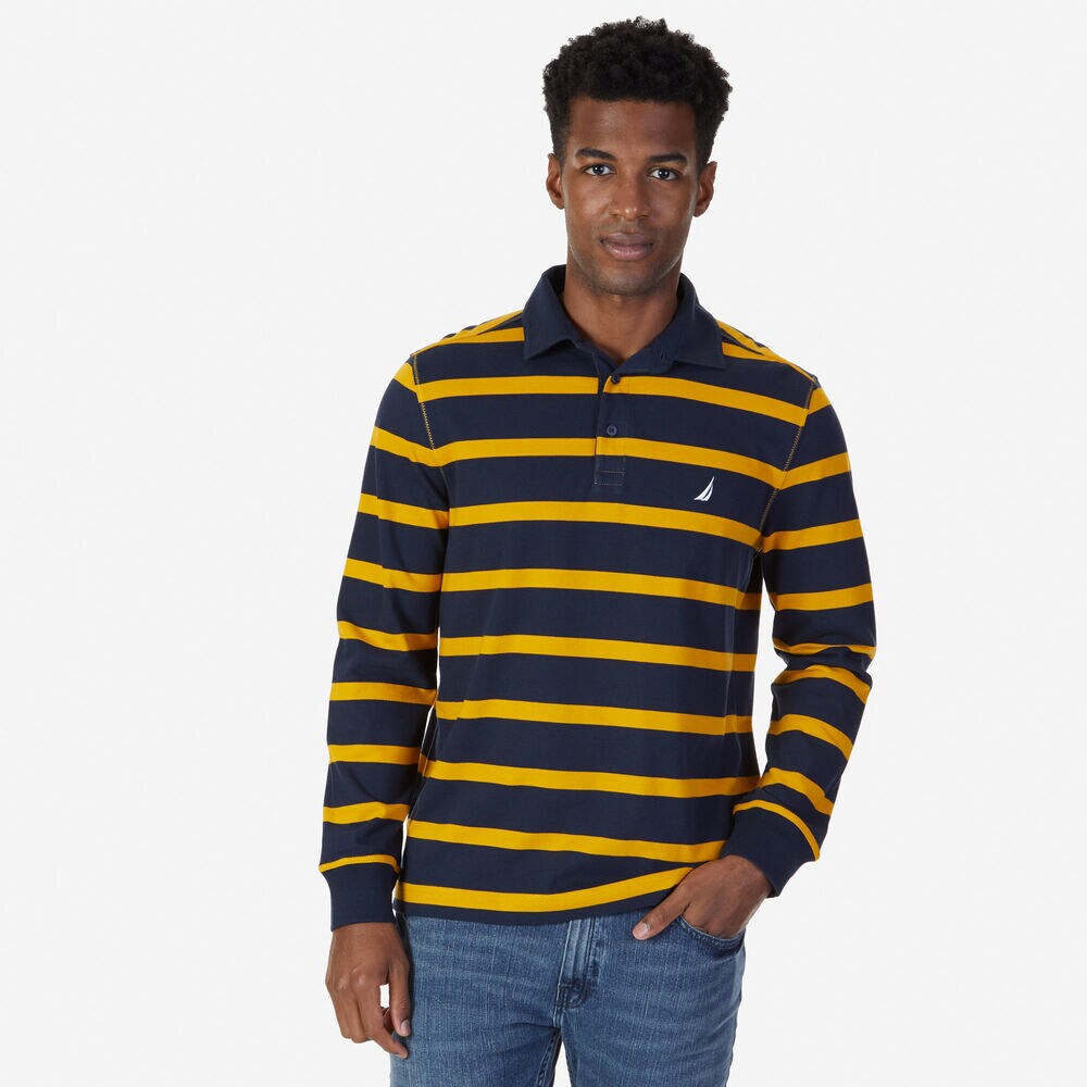 Classic Fit Striped Long Sleeve Polo Shirt,Yellow,large