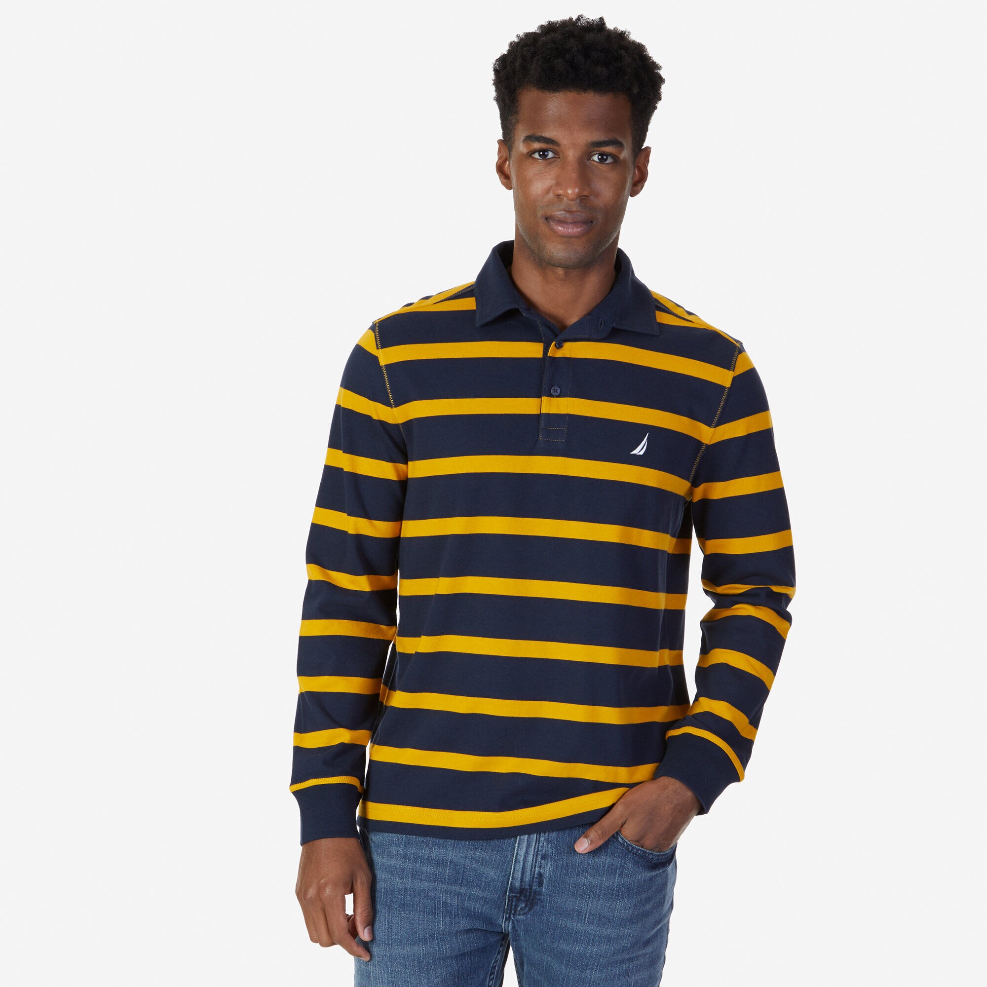 Classic Fit Striped Long Sleeve Polo Shirt,Yellow,large