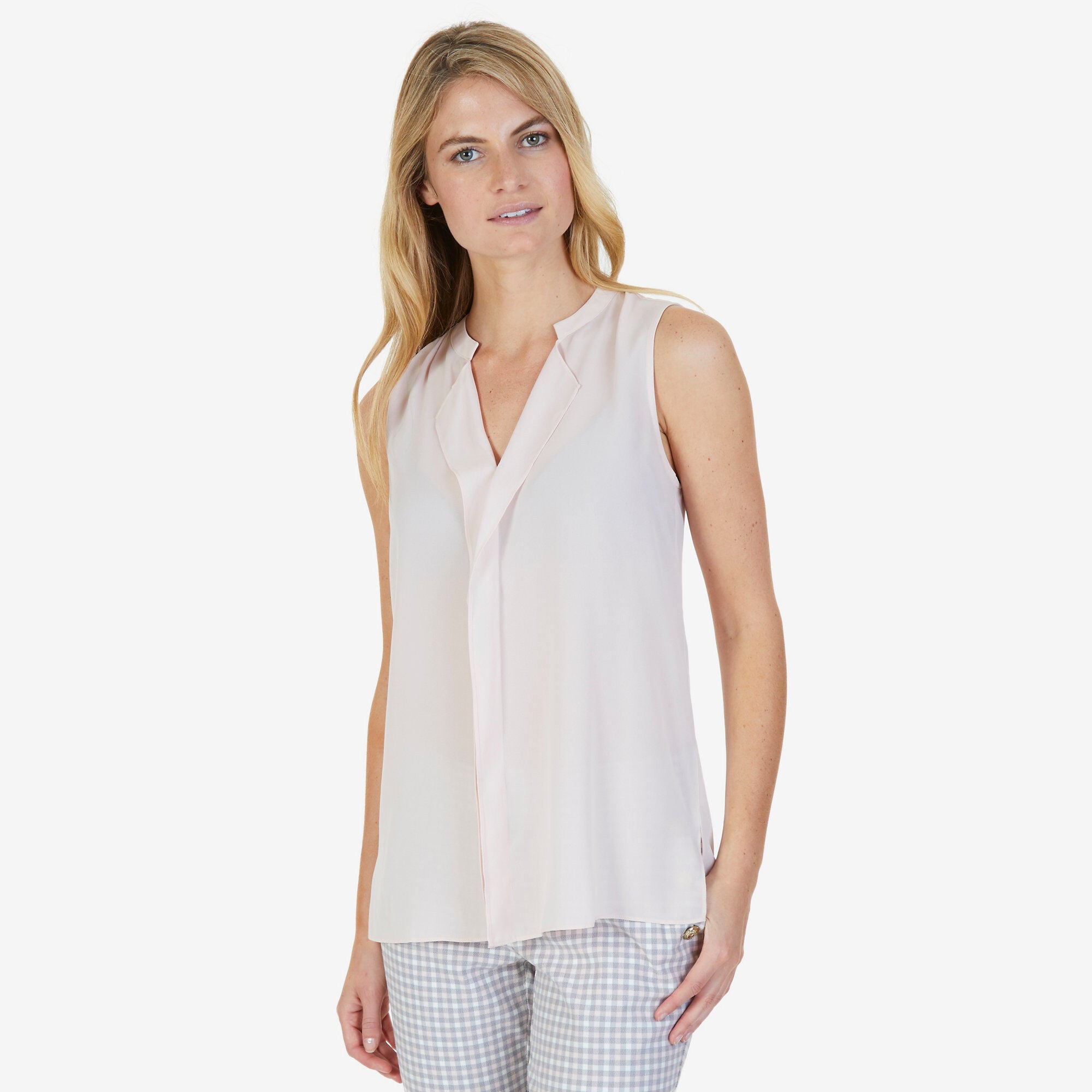 Split Neck Sleeveless Blouse,Oxford Pink,large