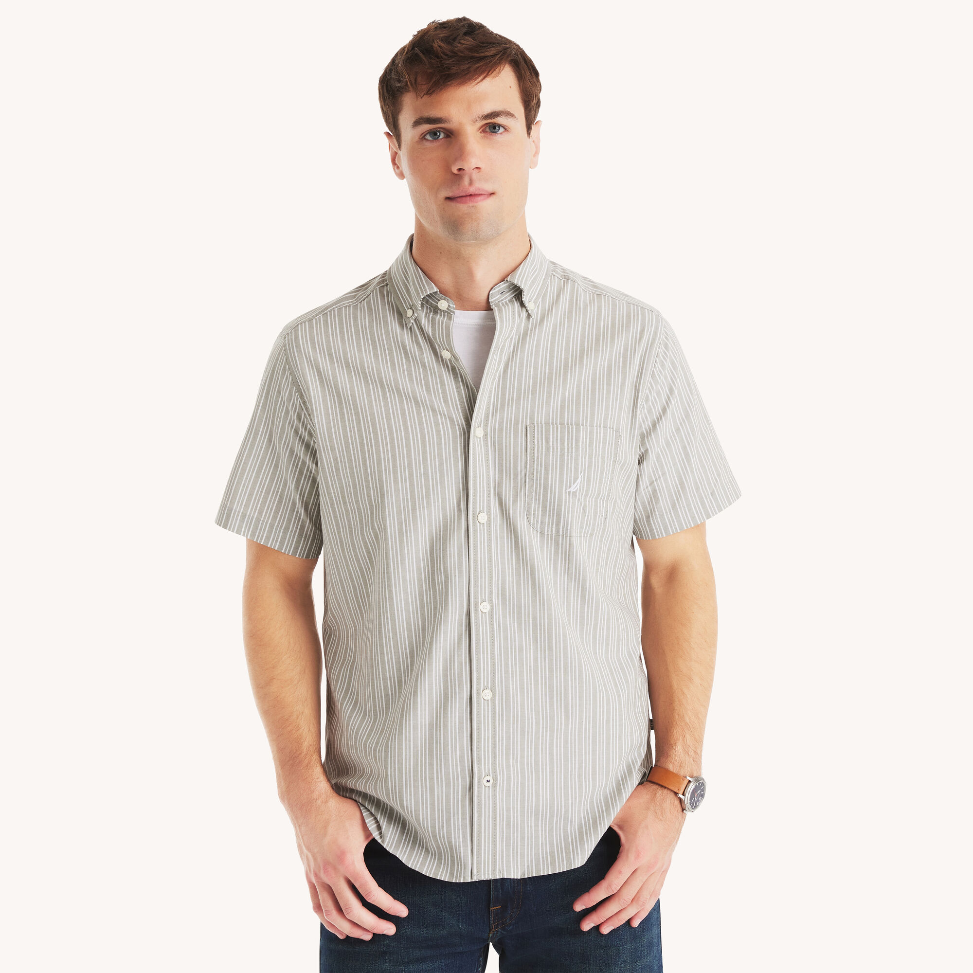 Striped Short-Sleeve Shirt,Everglades Green,large