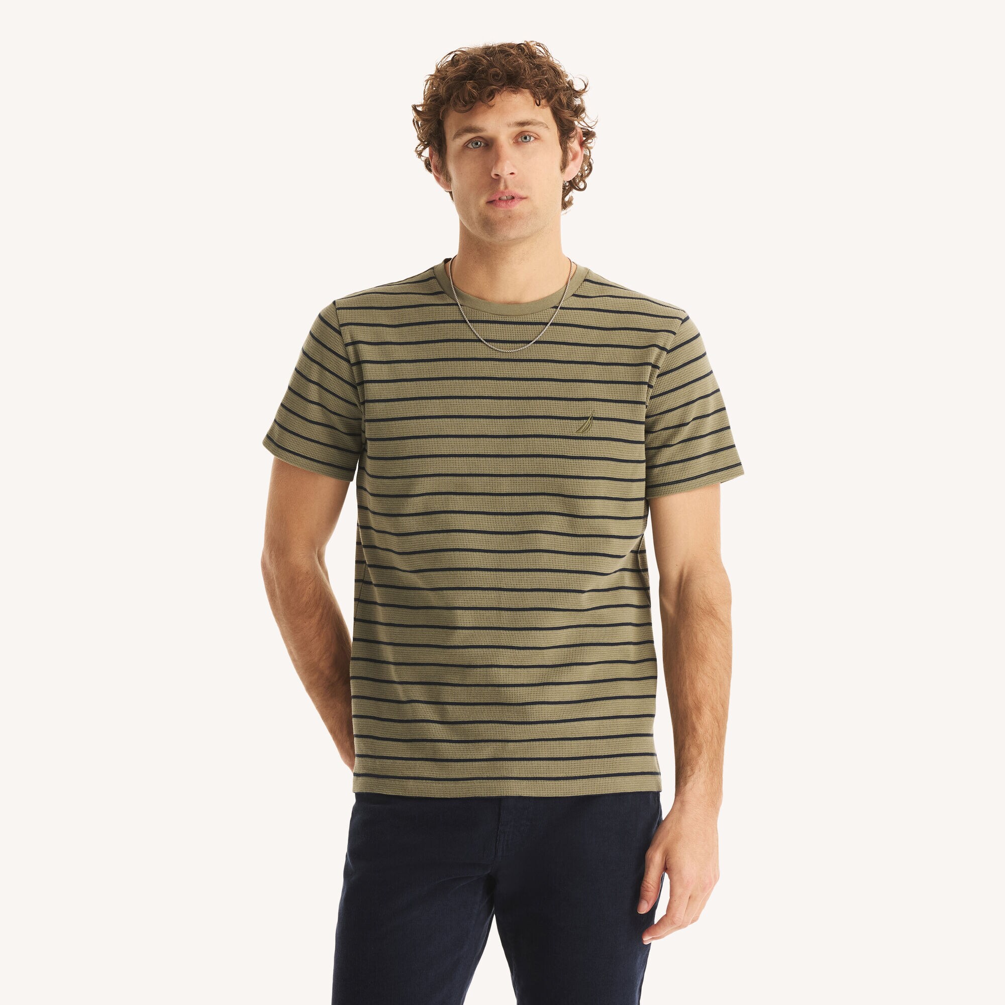 Navigator Waffle Knit Striped Crewneck T-Shirt,Jade Forest Heather,large
