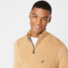 RIBBED-FRONT QUARTER-ZIP SWEATER,Camel Heather,large