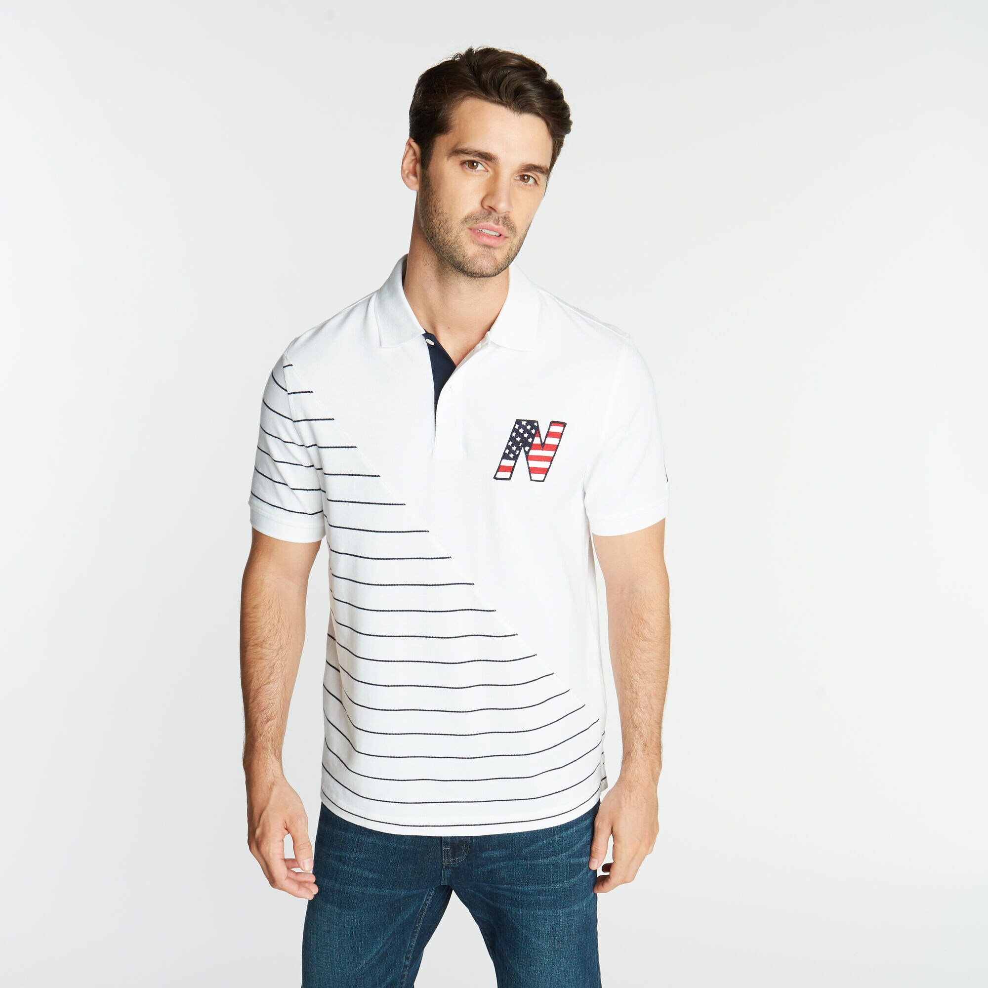 CLASSIC FIT POLO IN PIECED STRIPE | Nautica