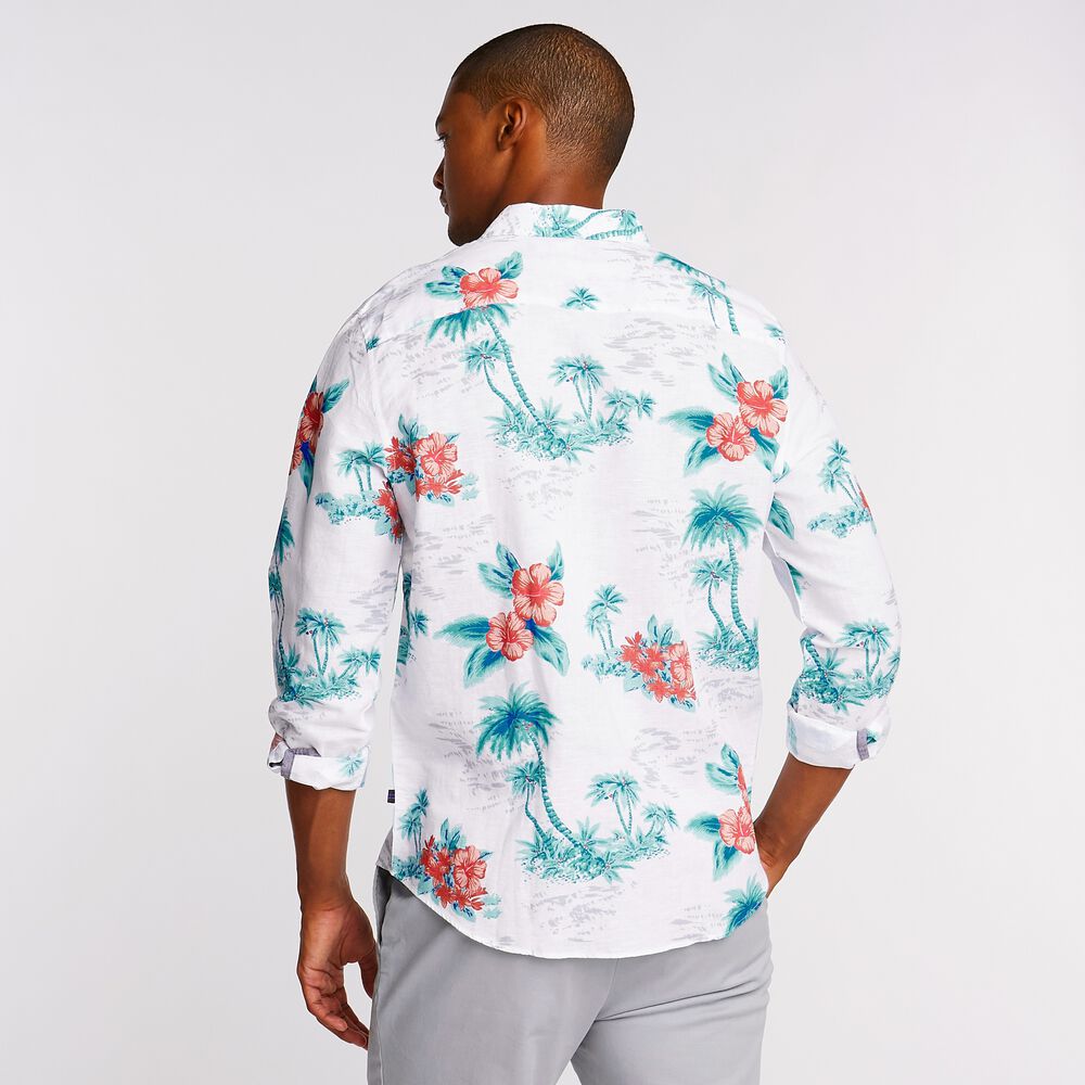 Linen Blend Shirt in Tropical Print,Bright White,large