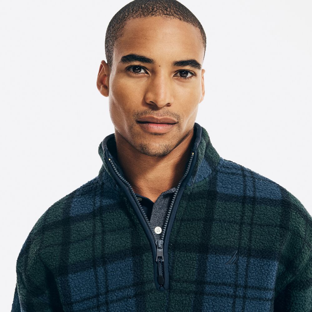 PLAID QUARTER-ZIP SHERPA FLEECE,Green,large