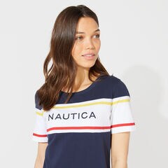 NAUTICA LOGO STRIPE KNIT DRESS,Stellar Blue Heather,large