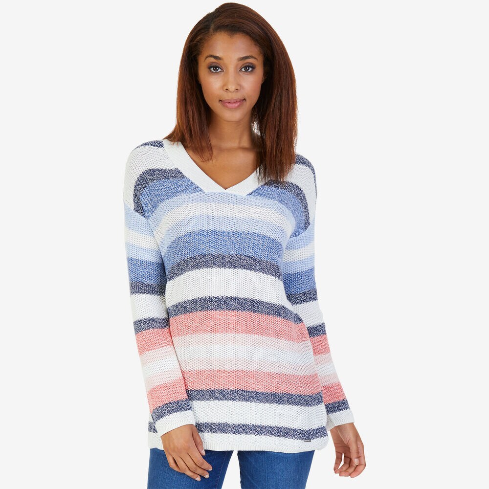 Striped V-Neck Sweater with Ribbed Trim,Marshmallow,large