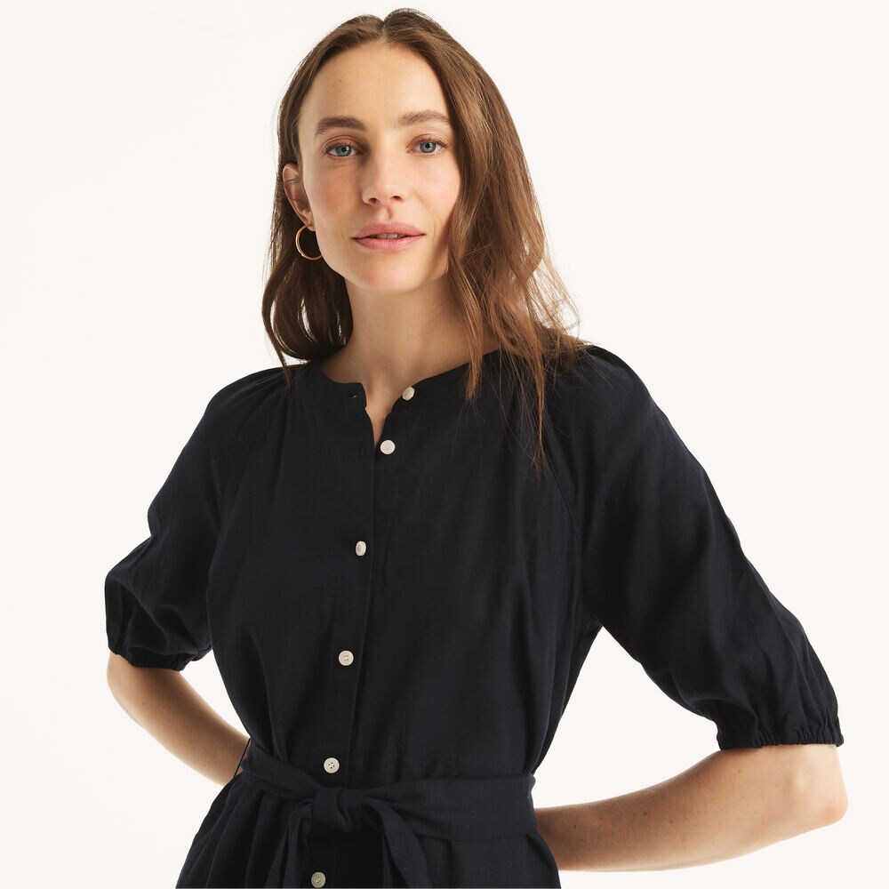 Linen Shirt Dress,Navy,large