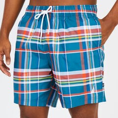 Quick-Dry Plaid Drawstring Swim Shorts,Sea Mist,large
