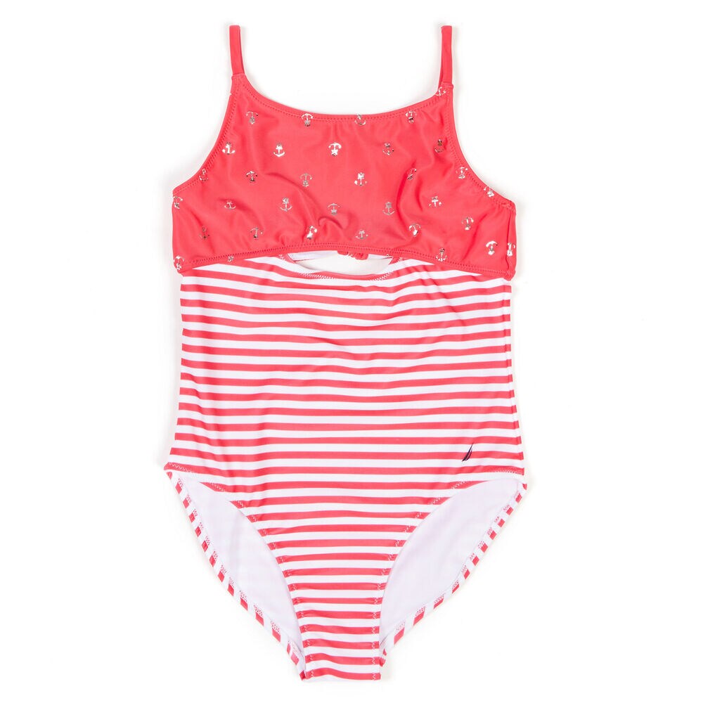 Girls' Anchor + Striped One-Piece Swimsuit (7-16),Pomegranate,large