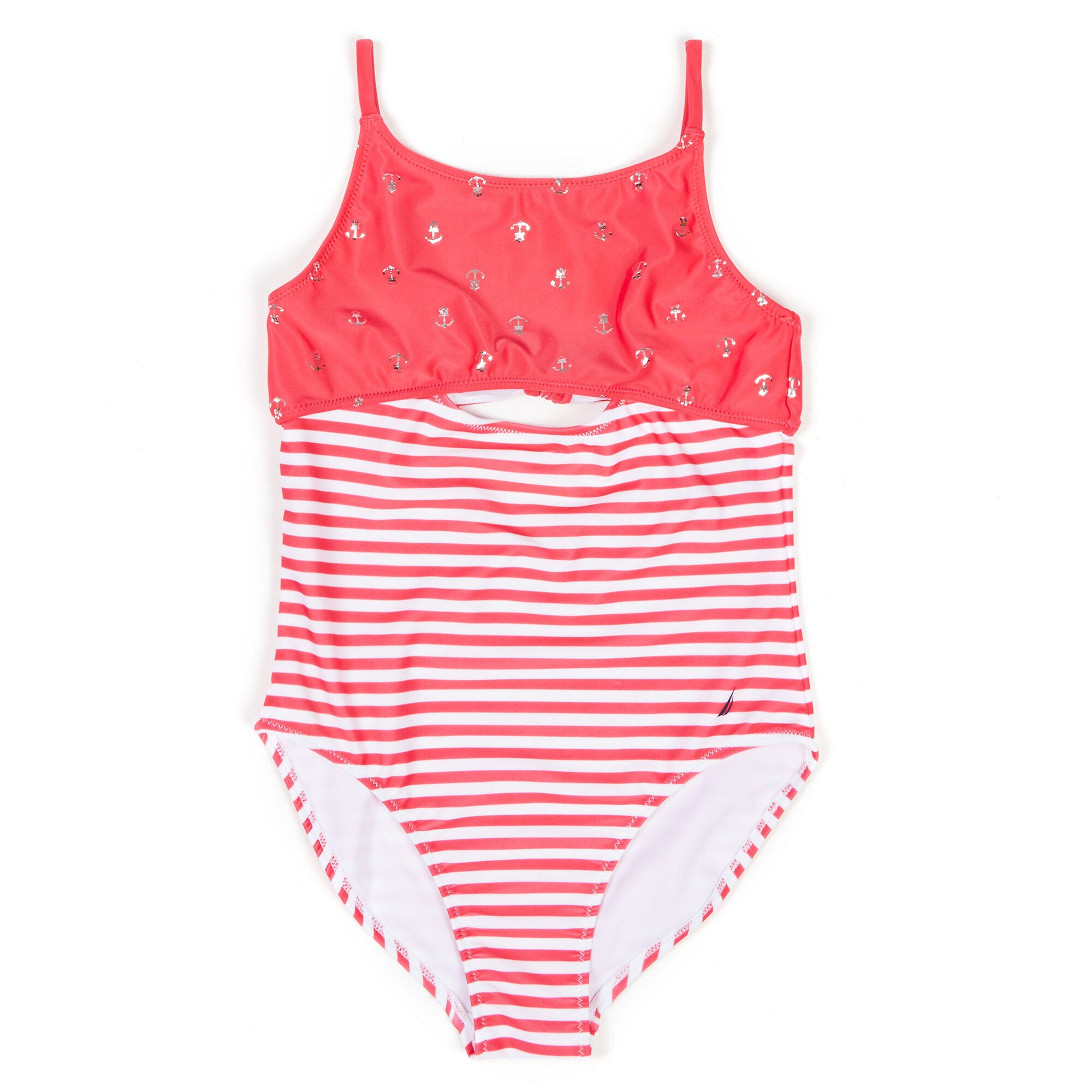 Girls' Anchor + Striped One-Piece Swimsuit (7-16),Pomegranate,large