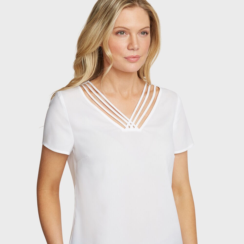 Lattice V-Neck Crepe Top,Bright White,large