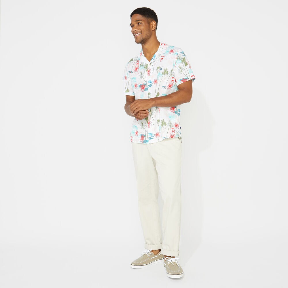 TROPICAL PRINT SHORT SLEEVE LINEN SHIRT,Bright White,large