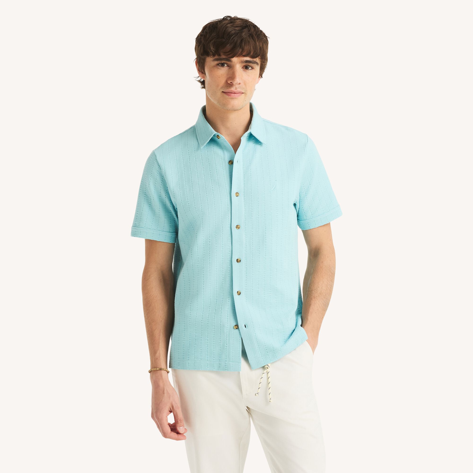 Classic Fit Seersucker Button-Front Polo,Ballard Blue,large