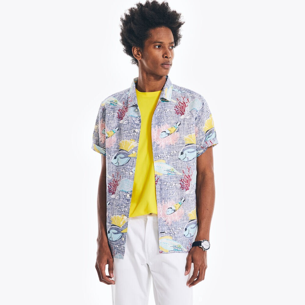PRINTED SHORT-SLEEVE CAMP SHIRT,Pure Adriatic Sea Wash,large