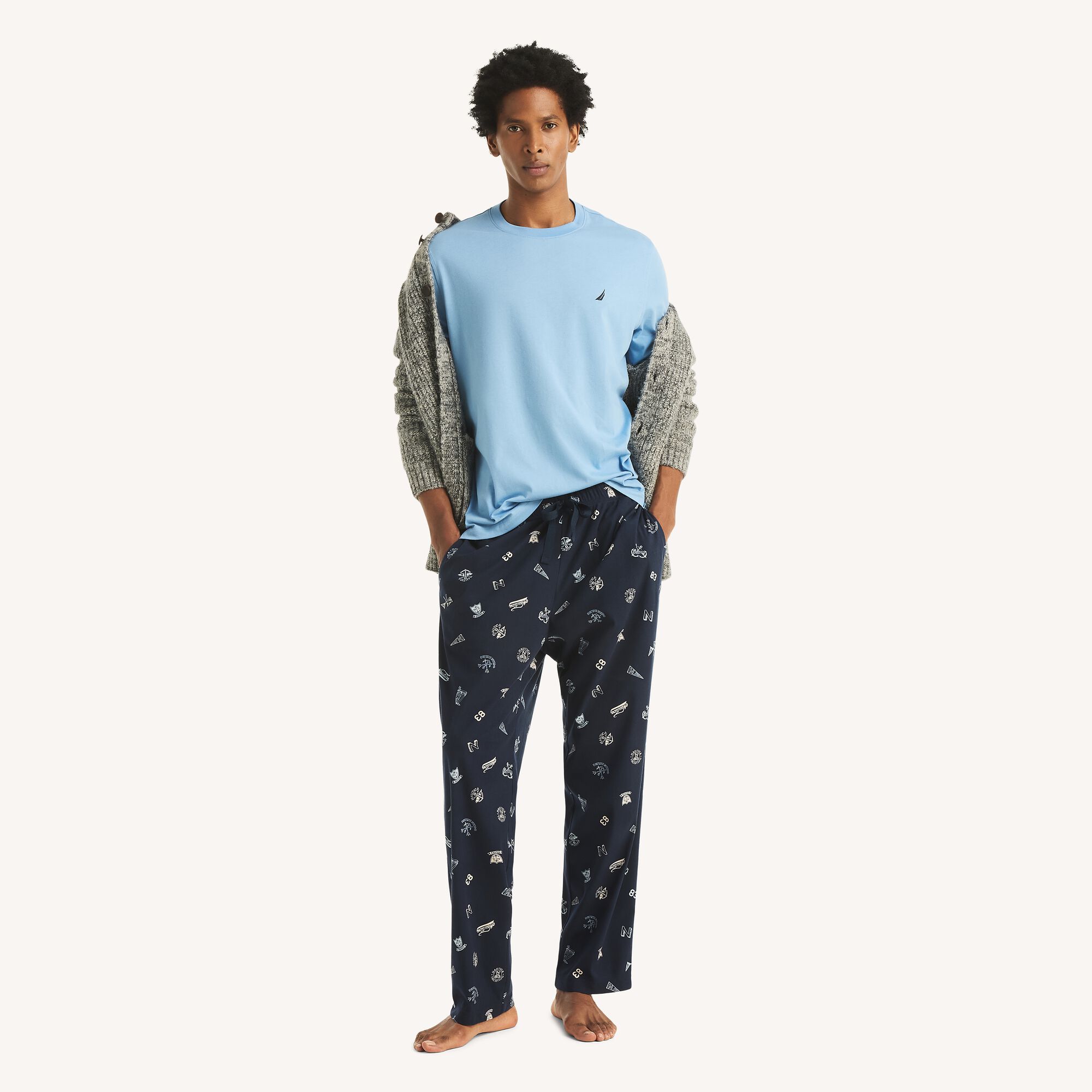 Long-Sleeve T-Shirt & Printed Fleece Pant Pajama Set,Blue Dive,large