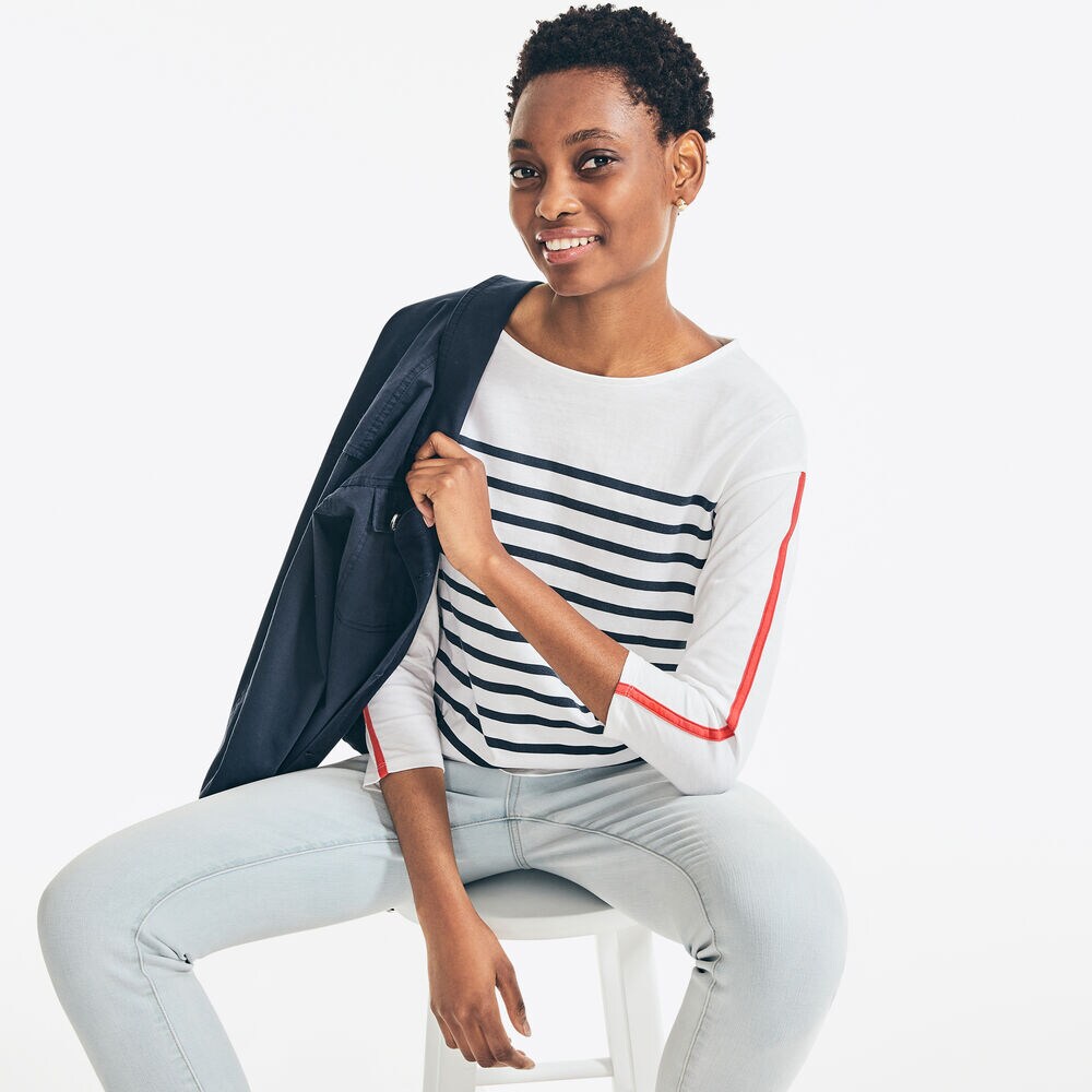 STRIPED THREE-QUARTER-SLEEVE TOP,Bright White,large