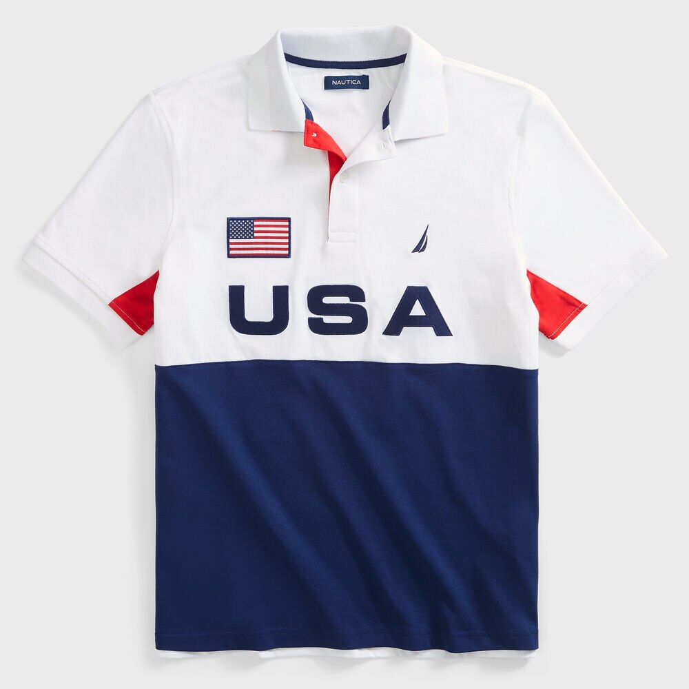 CLASSIC FIT COLORBLOCK USA PRINT POLO,Bright White,large