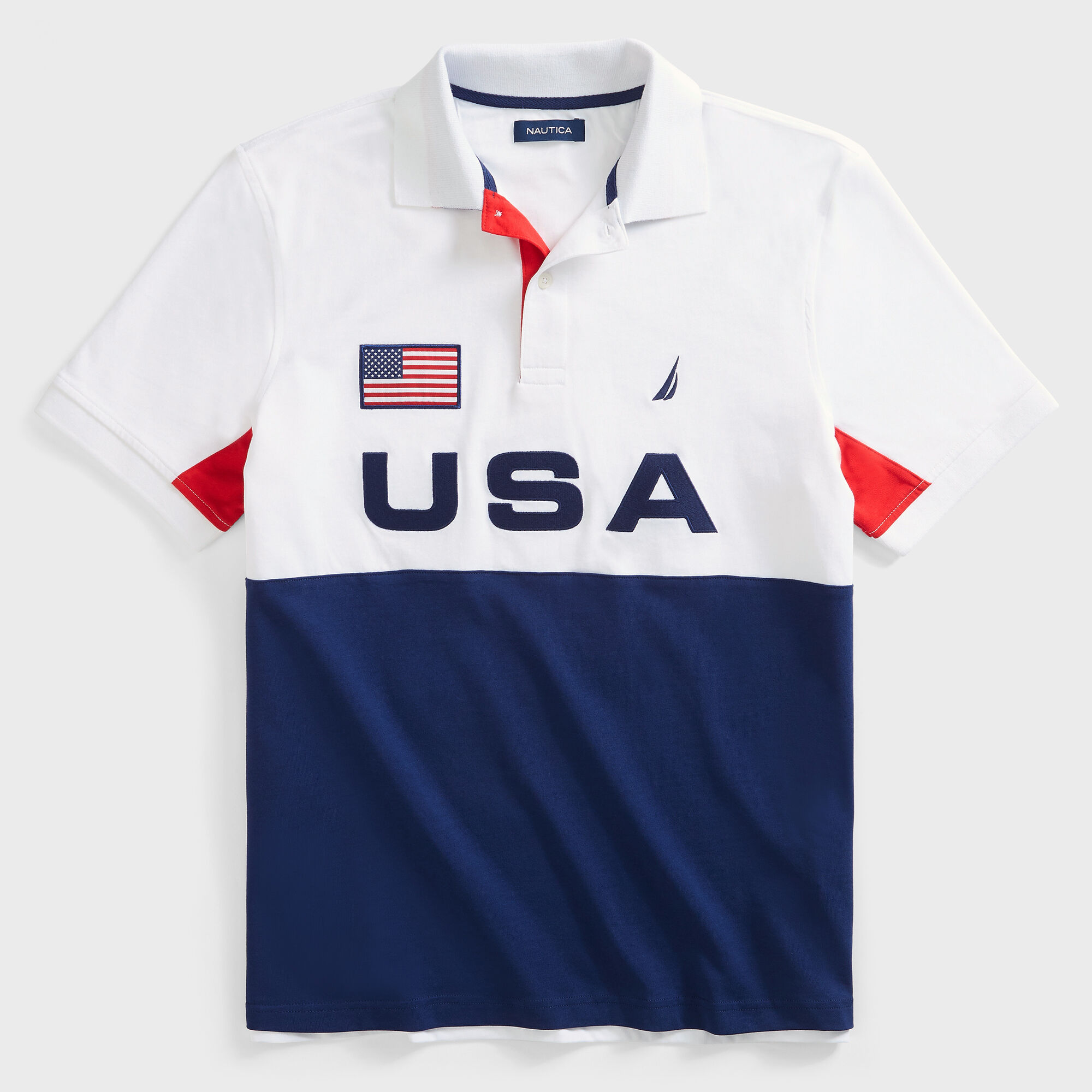 CLASSIC FIT COLORBLOCK USA PRINT POLO,Bright White,large
