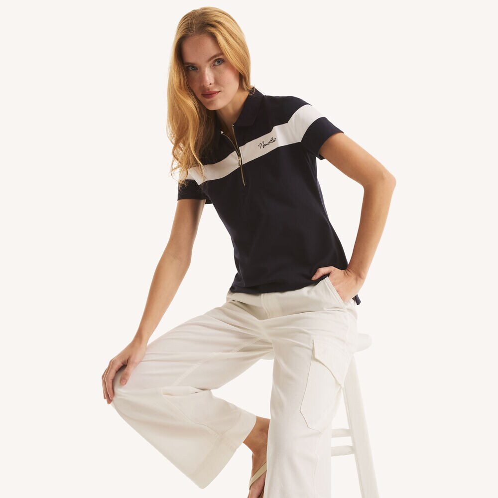 Colorblock Zip-Up Polo,Starlight Blue,large