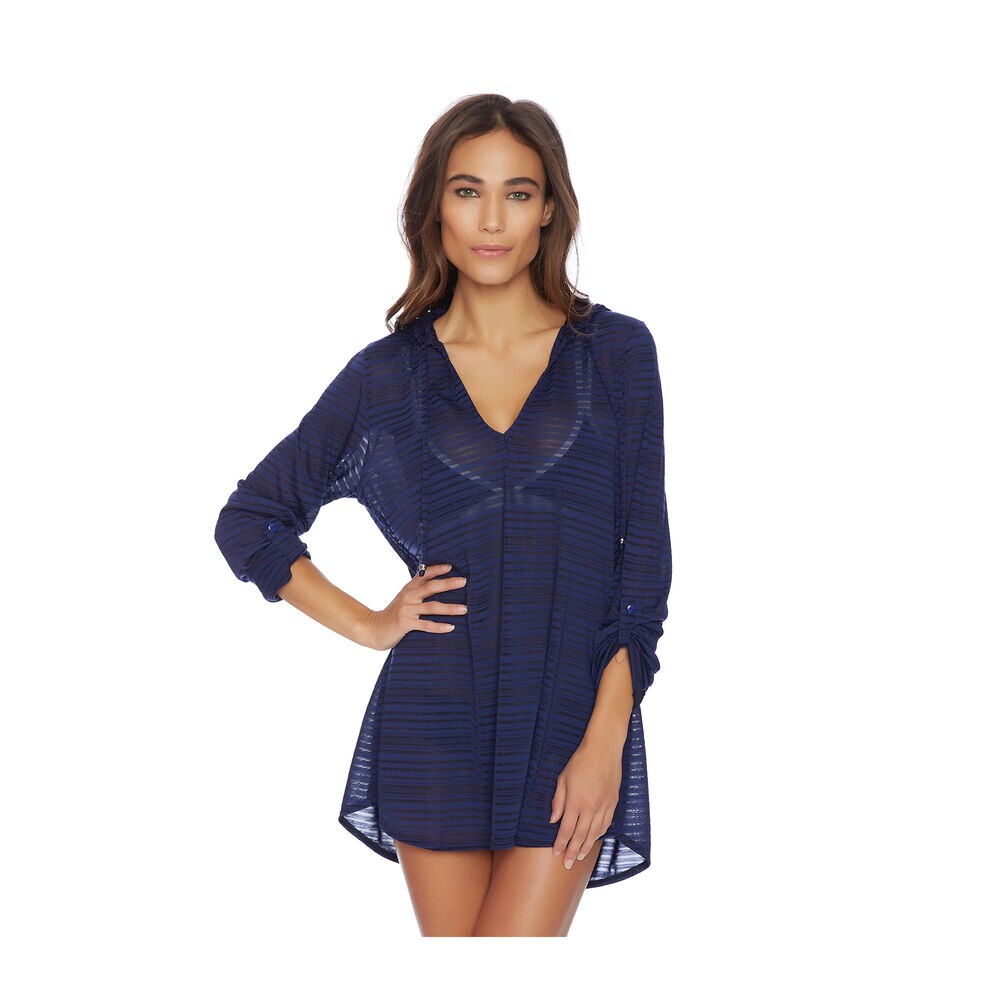SoHo Stripe Hooded Tunic Swim Cover-Up,Workshirt Blue,large