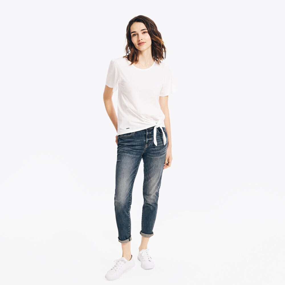 TIE-WAIST PUFF-SLEEVE TOP,Bright White,large