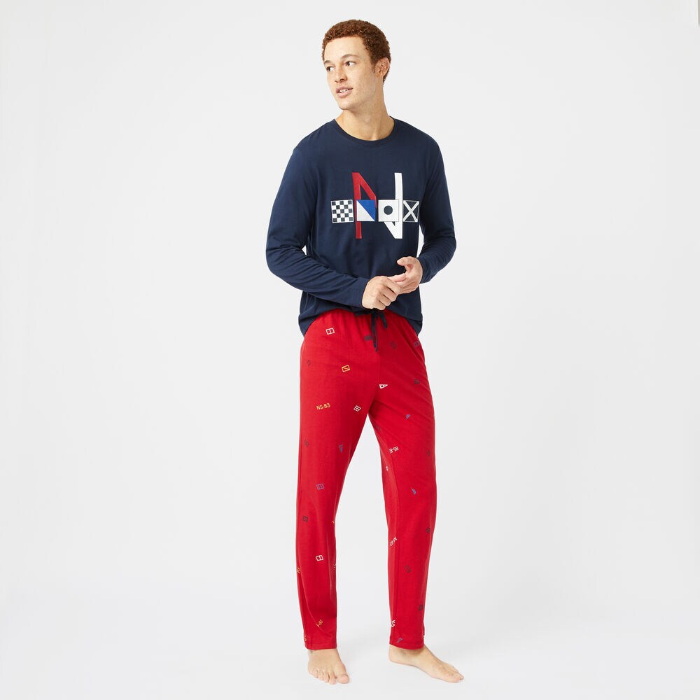SLIM FIT GRAPHIC LONG SLEEVE AND KNIT PANTS PAJAMA SET,Navy,large