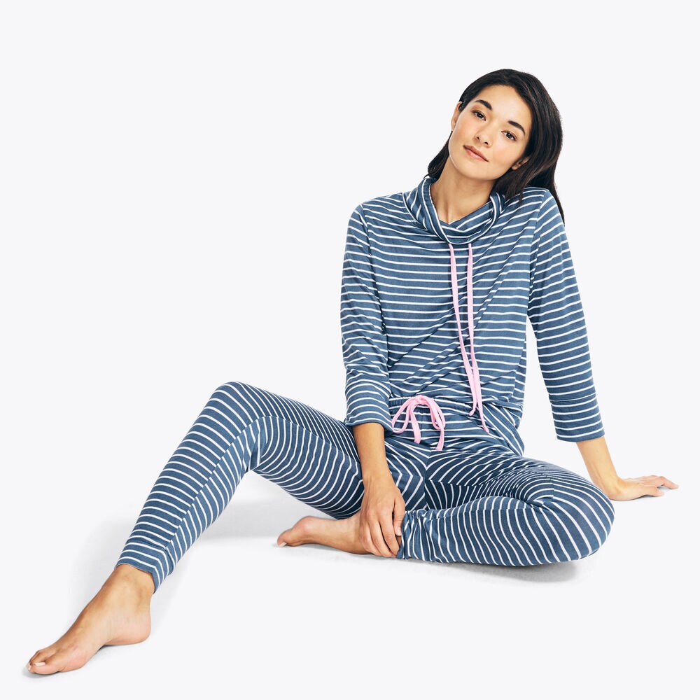 QUARTER-SLEEVE STRIPED JOGGER SLEEP SET,Stormy Blue Wash,large