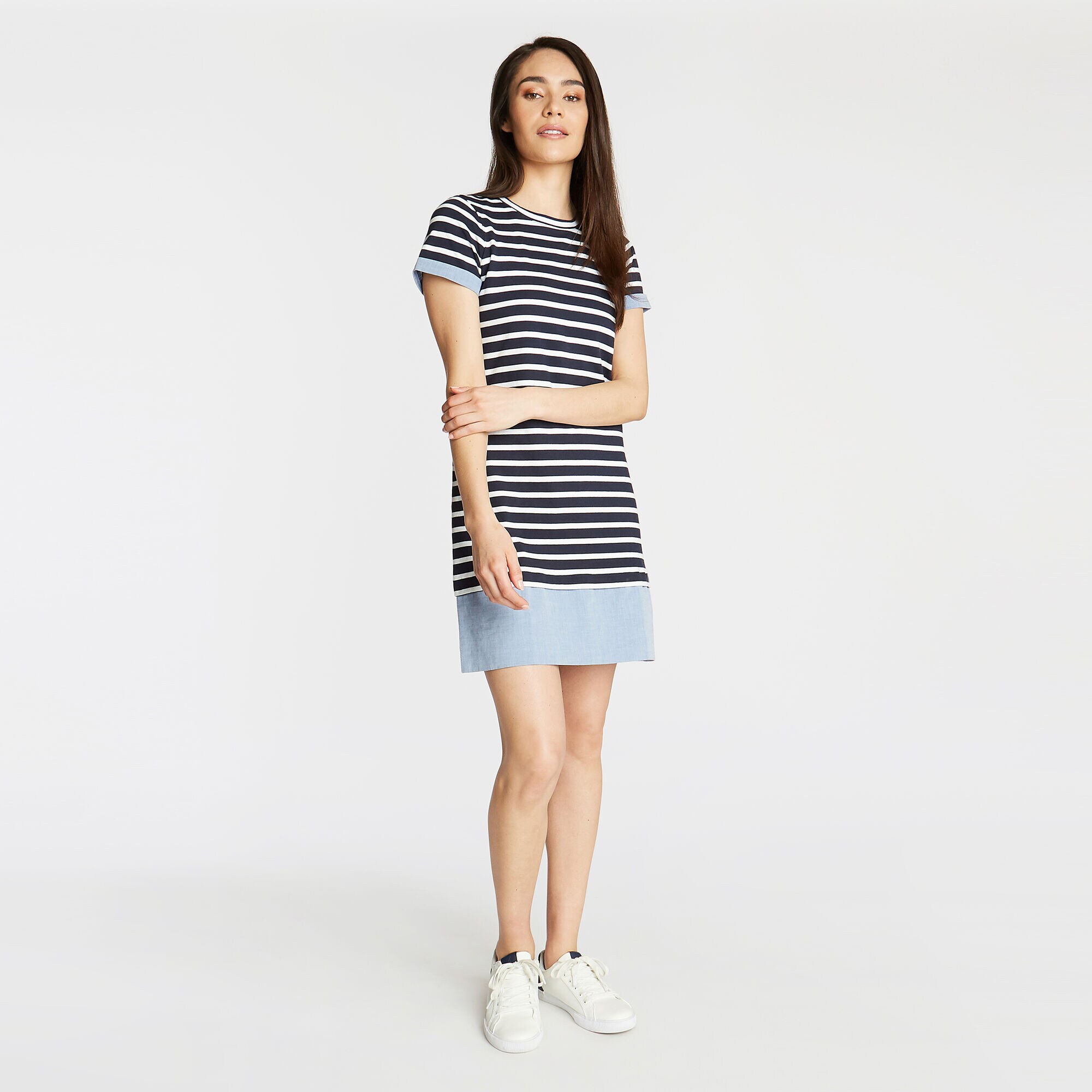 SHORT SLEEVE MIXED MEDIA DRESS,Stellar Blue Heather,large