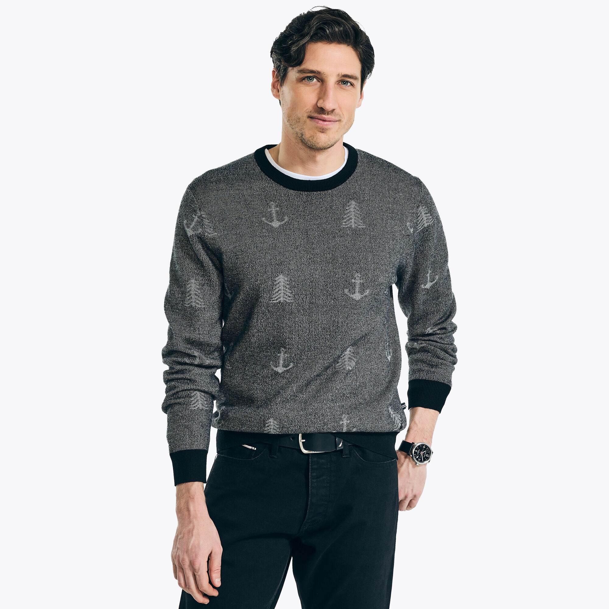 Jacquard Printed Crewneck Sweater,True Black,large