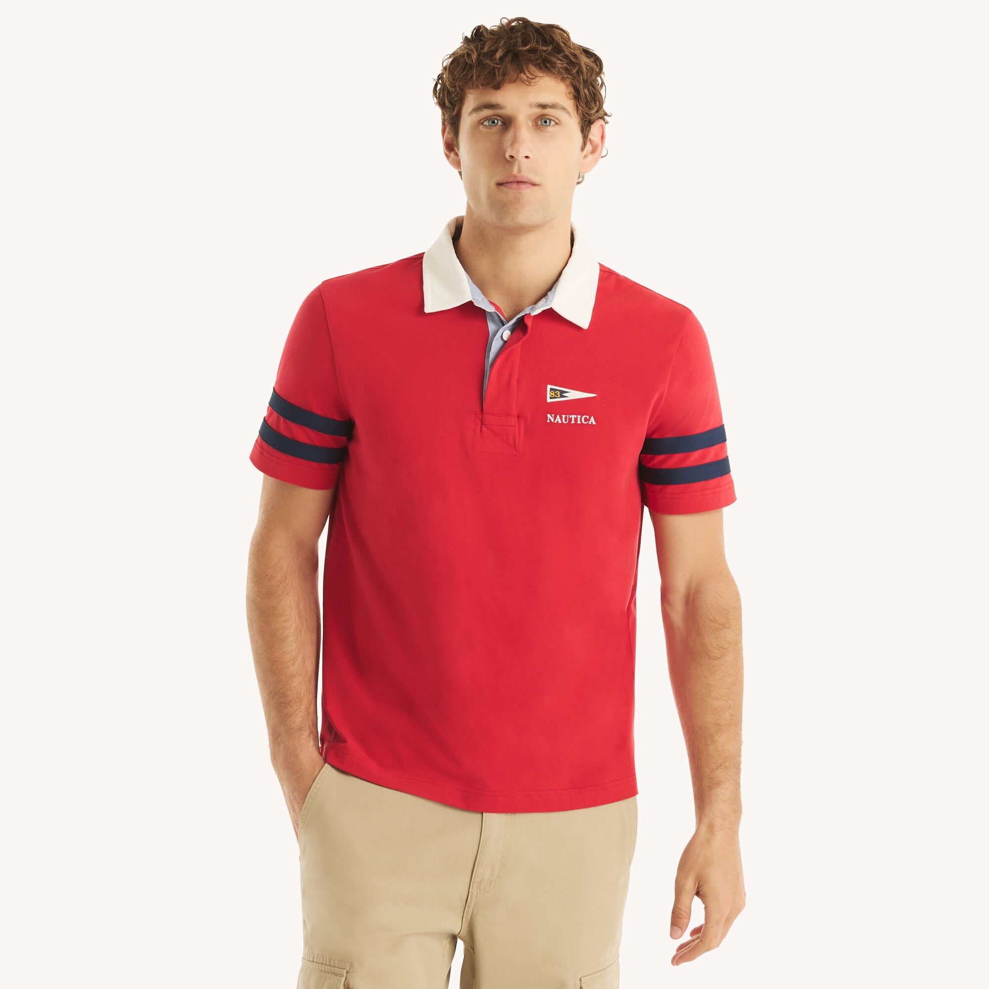 Classic Fit Striped Rugby Polo,Tango Red,large