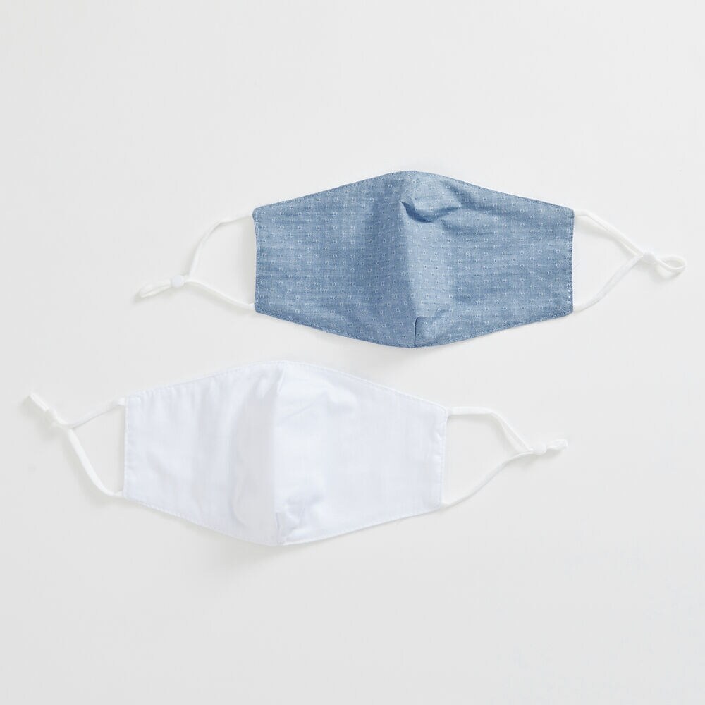 DOT PRINT DENIM AND SOLID REUSABLE FACE MASK, 2 PACK,Antique White Wash,large