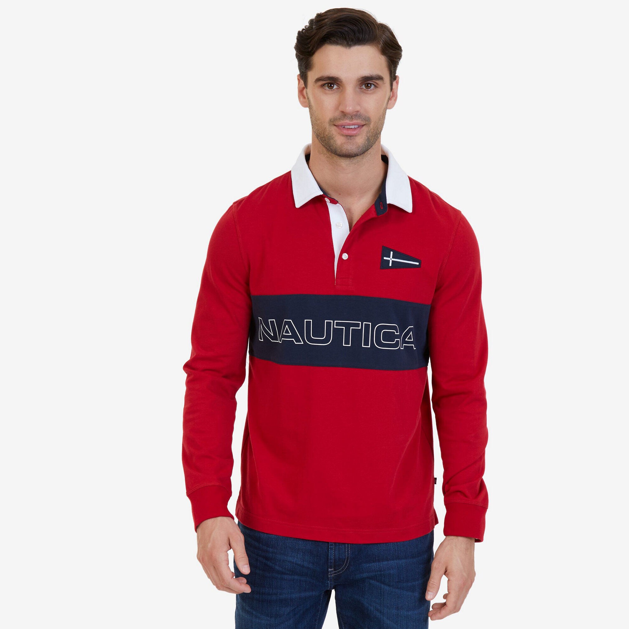 Nautica Slim Fit Heritage Chest Logo Long Sleeve Polo Shirt,Nautica Red,large