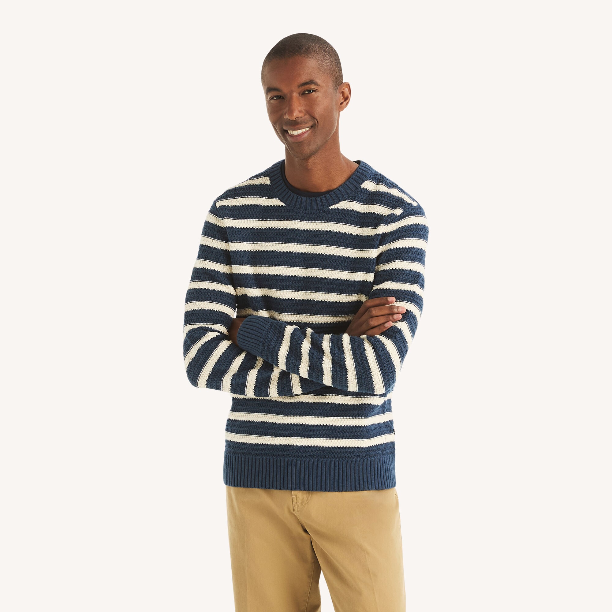Textured Striped Crewneck Sweater,Lapis Blue,large