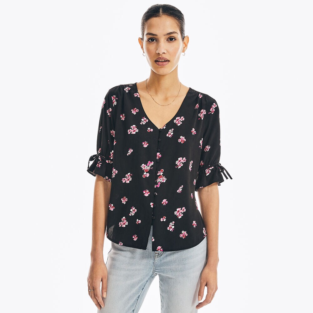 SUSTAINABLY CRAFTED FLORAL PRINT BUTTON-DOWN TOP,True Black,large