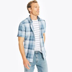 PLAID LINEN SHORT-SLEEVE SHIRT,Sail White,large