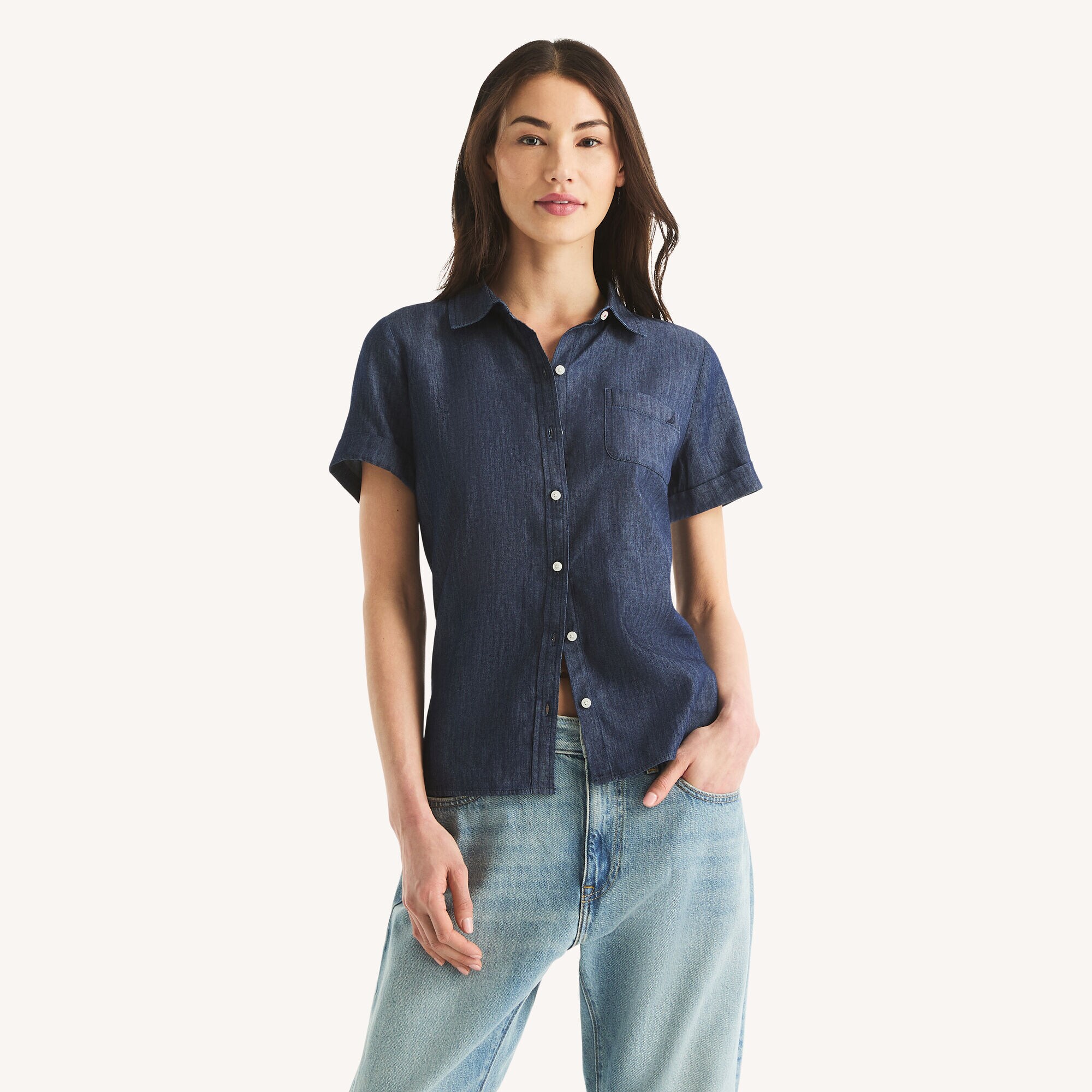 Chambray Button-Up Short-Sleeve Camp Shirt,Angel Blue,large