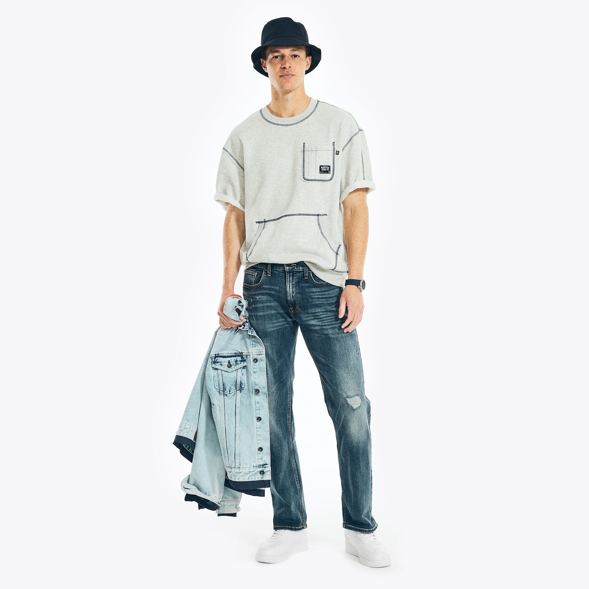 NAUTICA JEANS CO. CREWNECK POCKET T-SHIRT,Charcoal,large