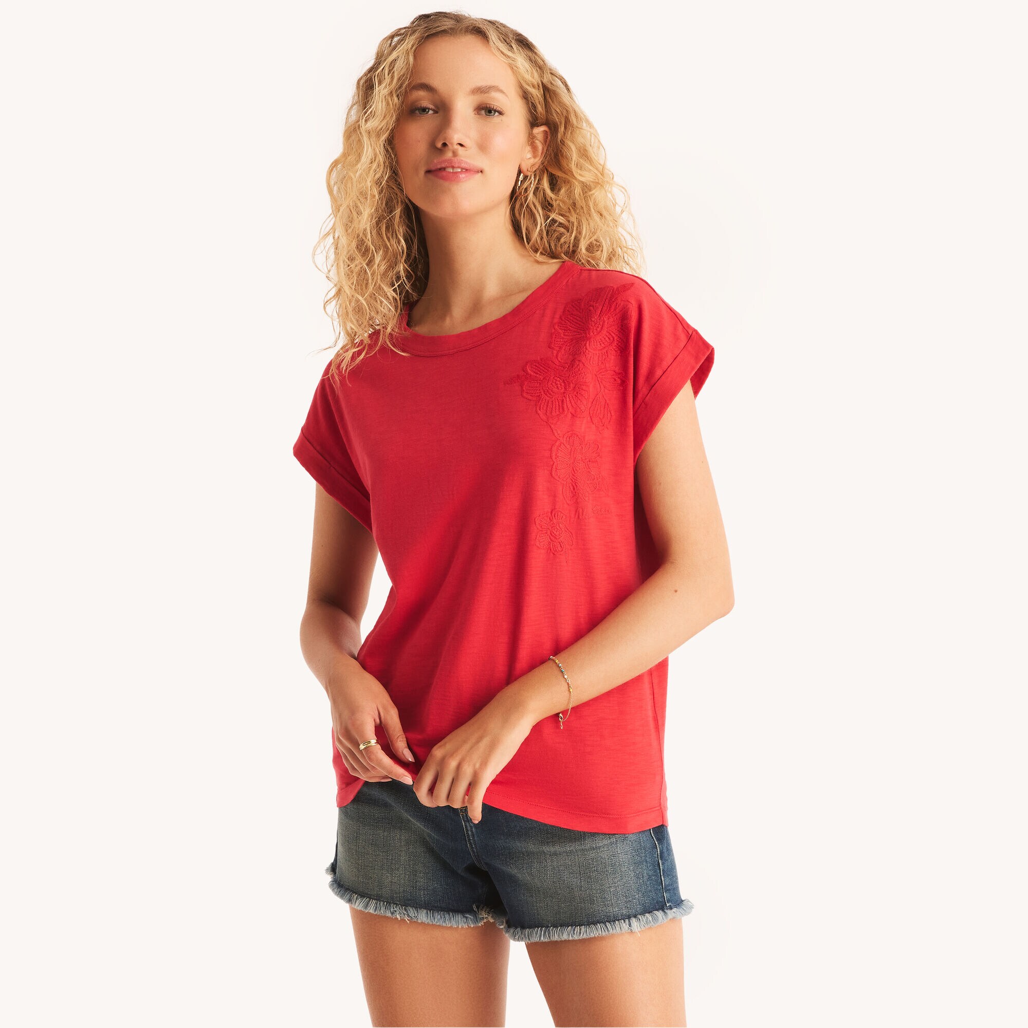 Embroidered Crewneck Top,Teaberry,large