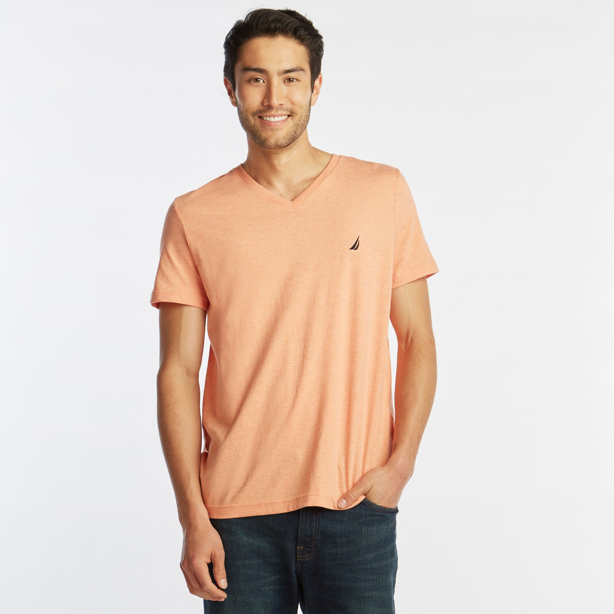 Heather V-Neck Deck T-Shirt,Coral Reef Heather,large