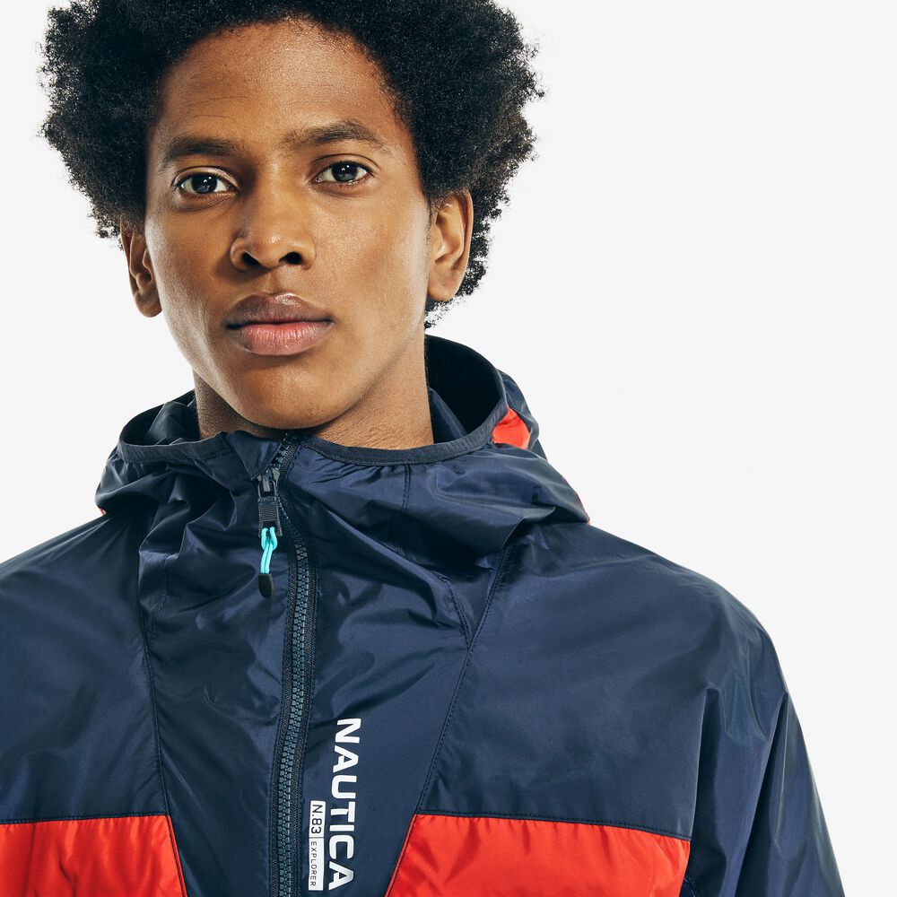 COLORBLOCK HOODED WINDBREAKER JACKET,Navy,large