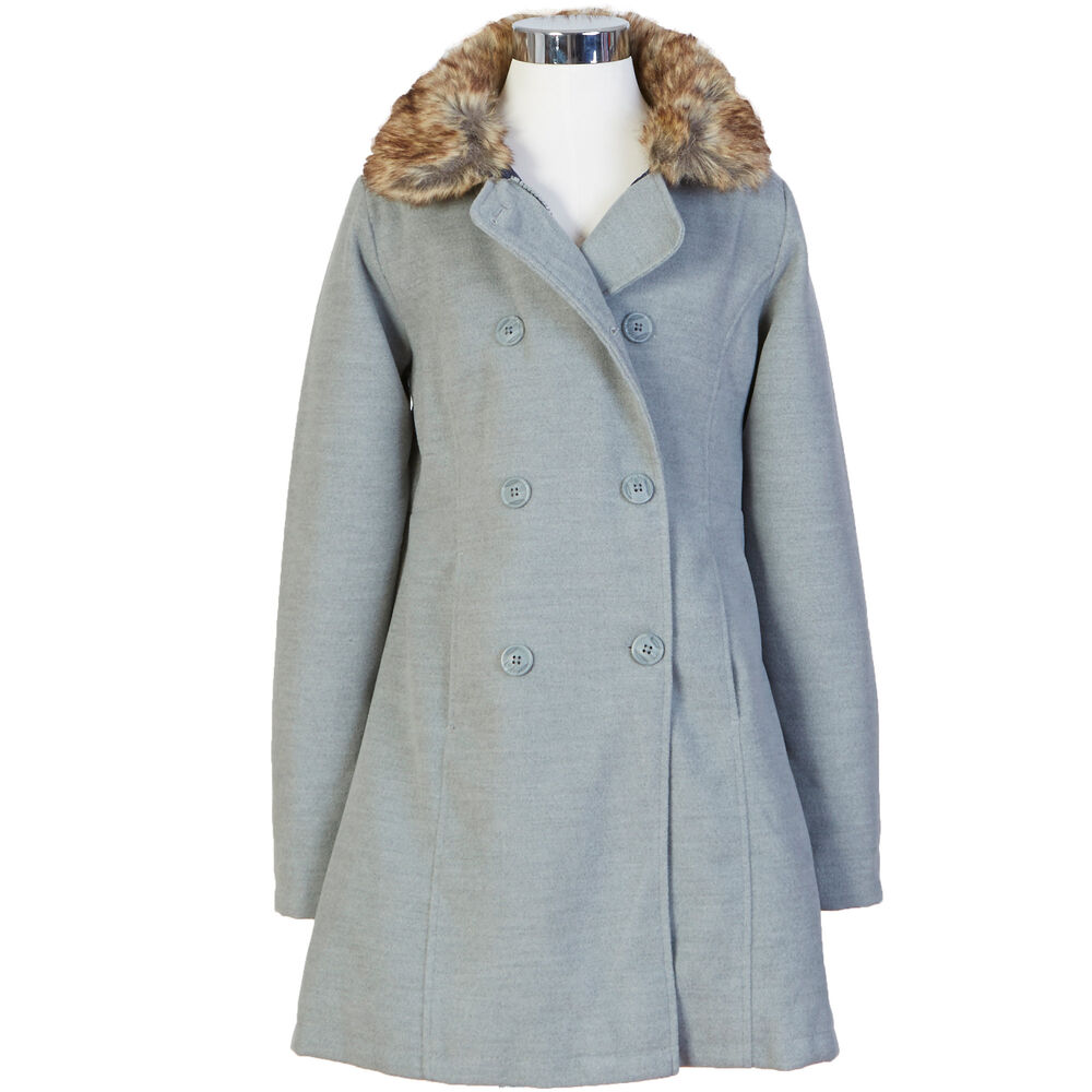  Girls' Faux Fur Trim Peacoat (8-16),Gunmetal Grey,large