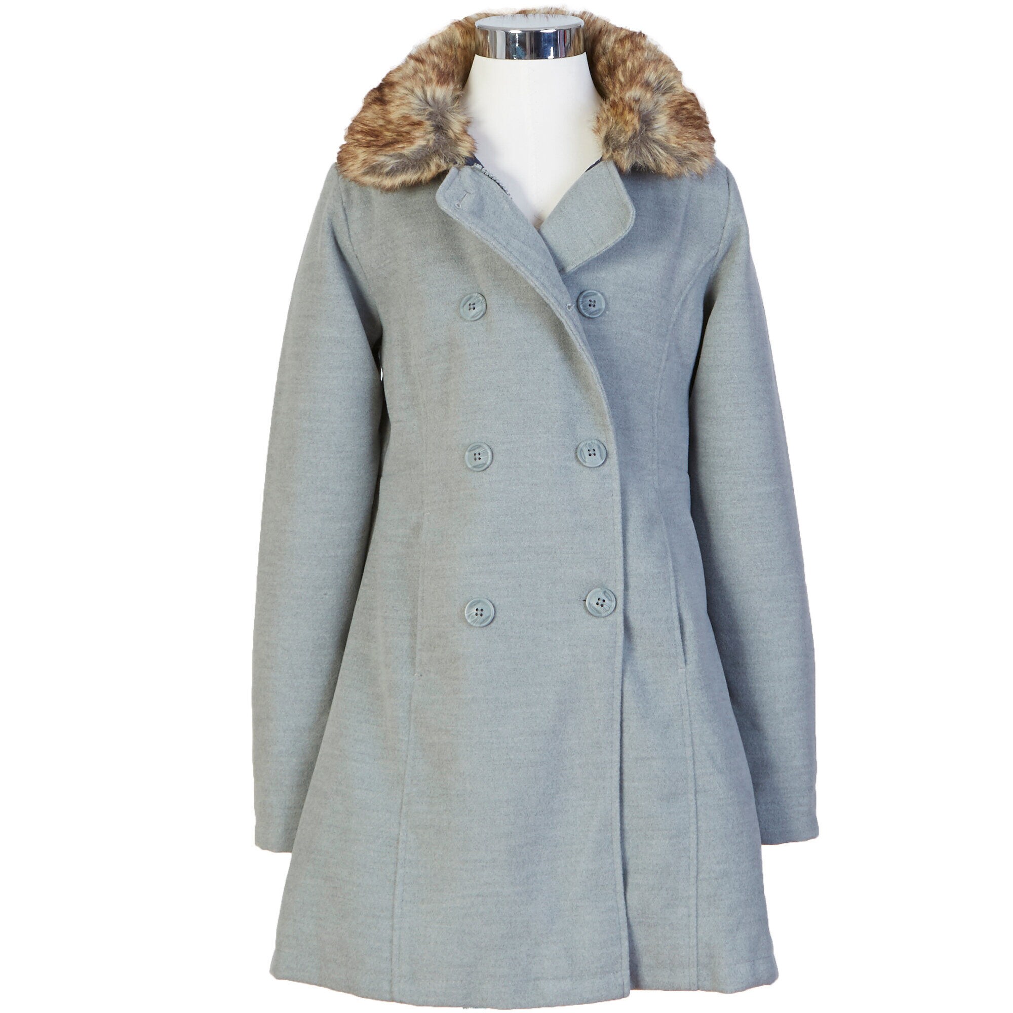  Girls' Faux Fur Trim Peacoat (8-16),Gunmetal Grey,large