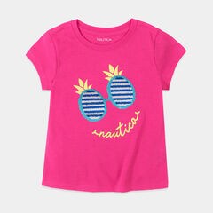 TODDLER GIRLS' PINEAPPLE SUNGLASSES GRAPHIC SEQUIN T-SHIRT (2T-4T),Tango Red,large