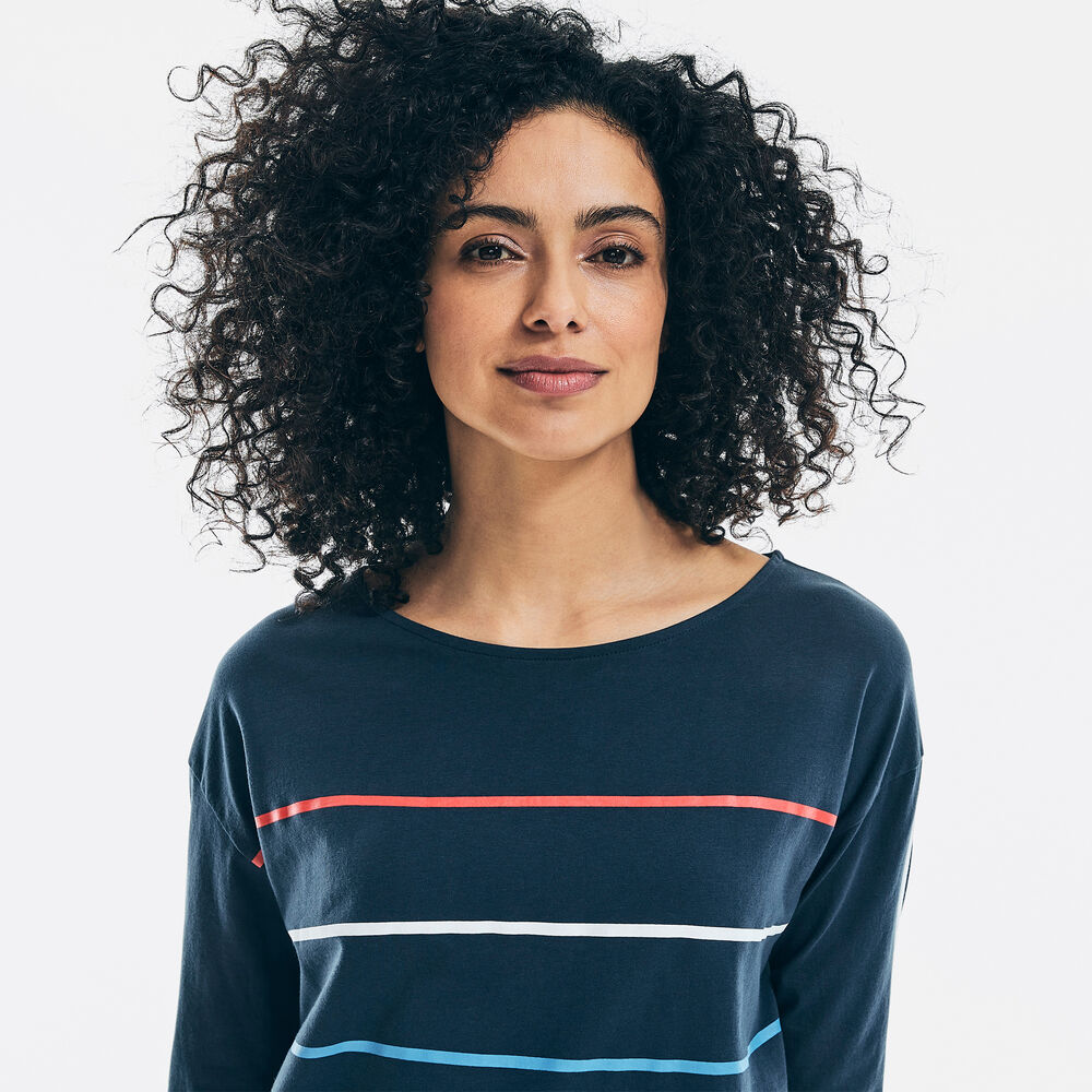 STRIPED THREE-QUARTER-SLEEVE TOP,Stellar Blue Heather,large