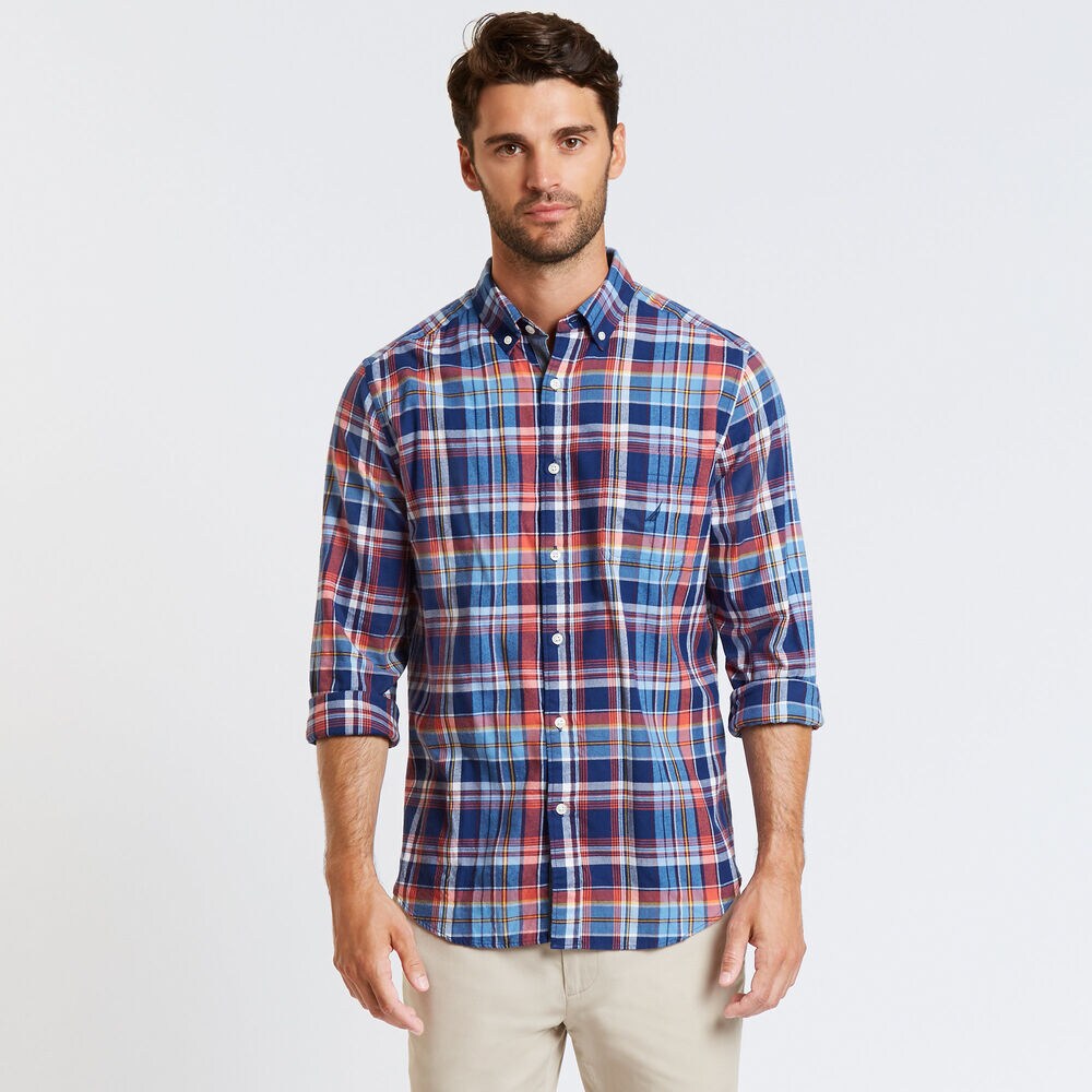 Brushed Twill Classic Fit Long Sleeve Multi-Plaid Shirt,J Navy,large